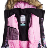 Roxy - Junior's American Pie Insulated Jacket 2024 is primarily black with a pink and white floral pattern on the lower portion of the jacket.