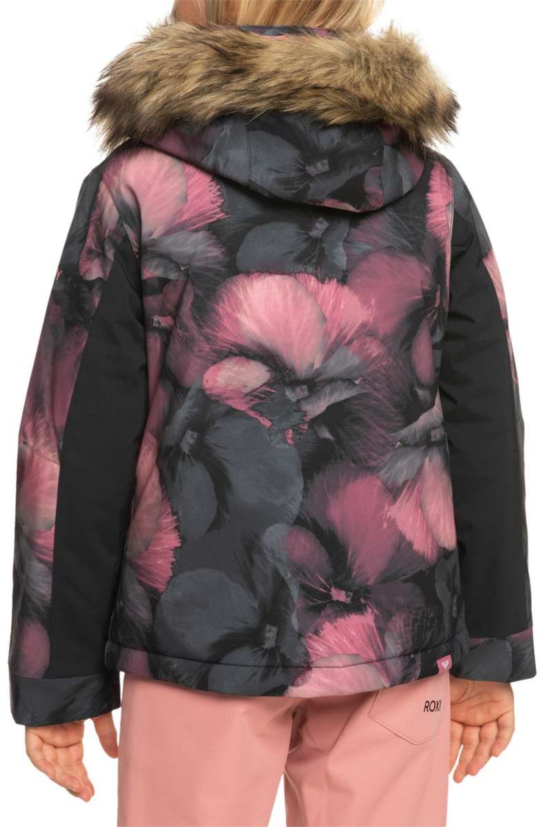 Roxy Junior's American Pie Insulated Jacket 2024 - A black jacket with a pink and grey floral pattern, featuring a fur-lined hood.