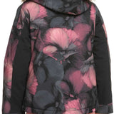 Roxy Junior's American Pie Insulated Jacket 2024 - A black jacket with a pink and grey floral pattern, featuring a fur-lined hood.