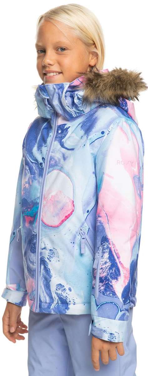 Roxy Junior's American Pie Insulated Jacket - A pastel-colored jacket with a pink and blue abstract design, featuring a fur-lined hood.