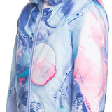 Roxy Junior's American Pie Insulated Jacket - A pastel-colored jacket with a pink and blue abstract design, featuring a fur-lined hood.