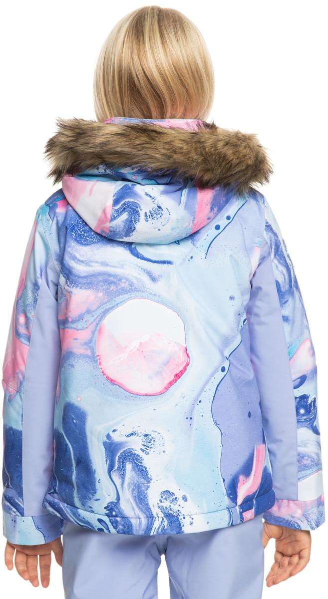 Roxy Junior's American Pie Insulated Jacket 2024 - A pastel-colored jacket with a pink and blue marble pattern, featuring a brown faux fur-lined hood.