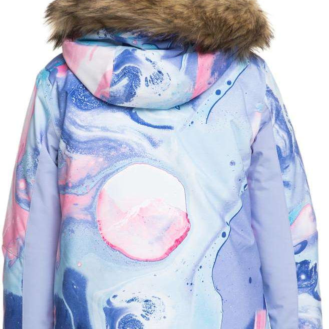 Roxy Junior's American Pie Insulated Jacket 2024 - A pastel-colored jacket with a pink and blue marble pattern, featuring a brown faux fur-lined hood.