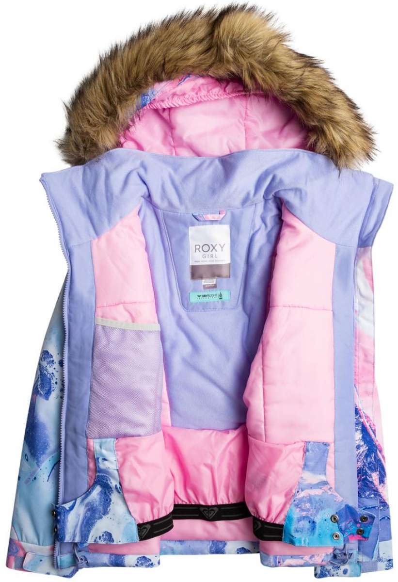 Roxy Junior's American Pie Insulated Jacket 2024 - A pastel pink and blue snowboard jacket with a fur-lined hood, featuring a mountain graphic on the back.