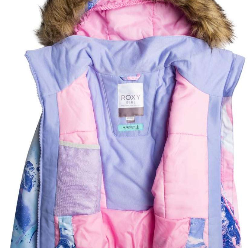 Roxy Junior's American Pie Insulated Jacket 2024 - A pastel pink and blue snowboard jacket with a fur-lined hood, featuring a mountain graphic on the back.