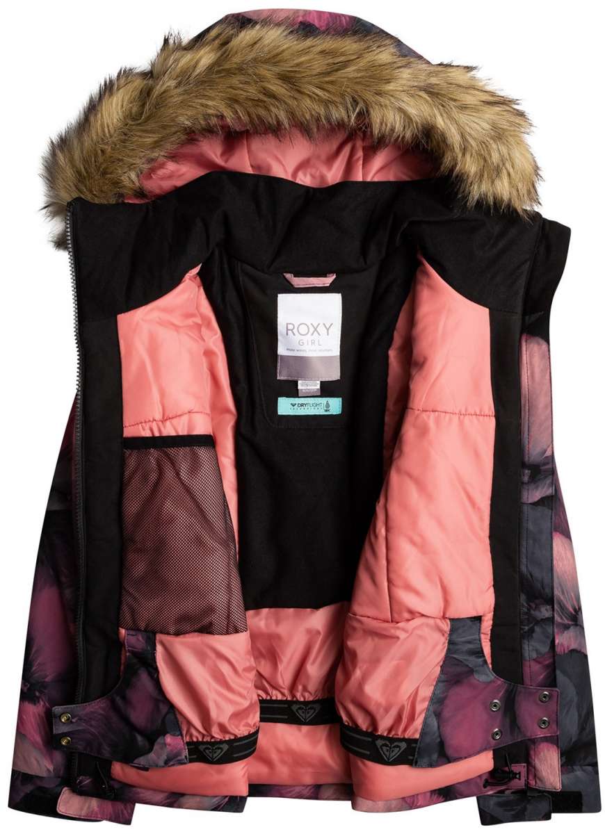 Roxy Junior's American Pie Insulated Jacket 2024 - A pink and black jacket with a fur-lined hood, featuring a floral pattern on the sleeves.