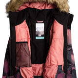 Roxy Junior's American Pie Insulated Jacket 2024 - A pink and black jacket with a fur-lined hood, featuring a floral pattern on the sleeves.