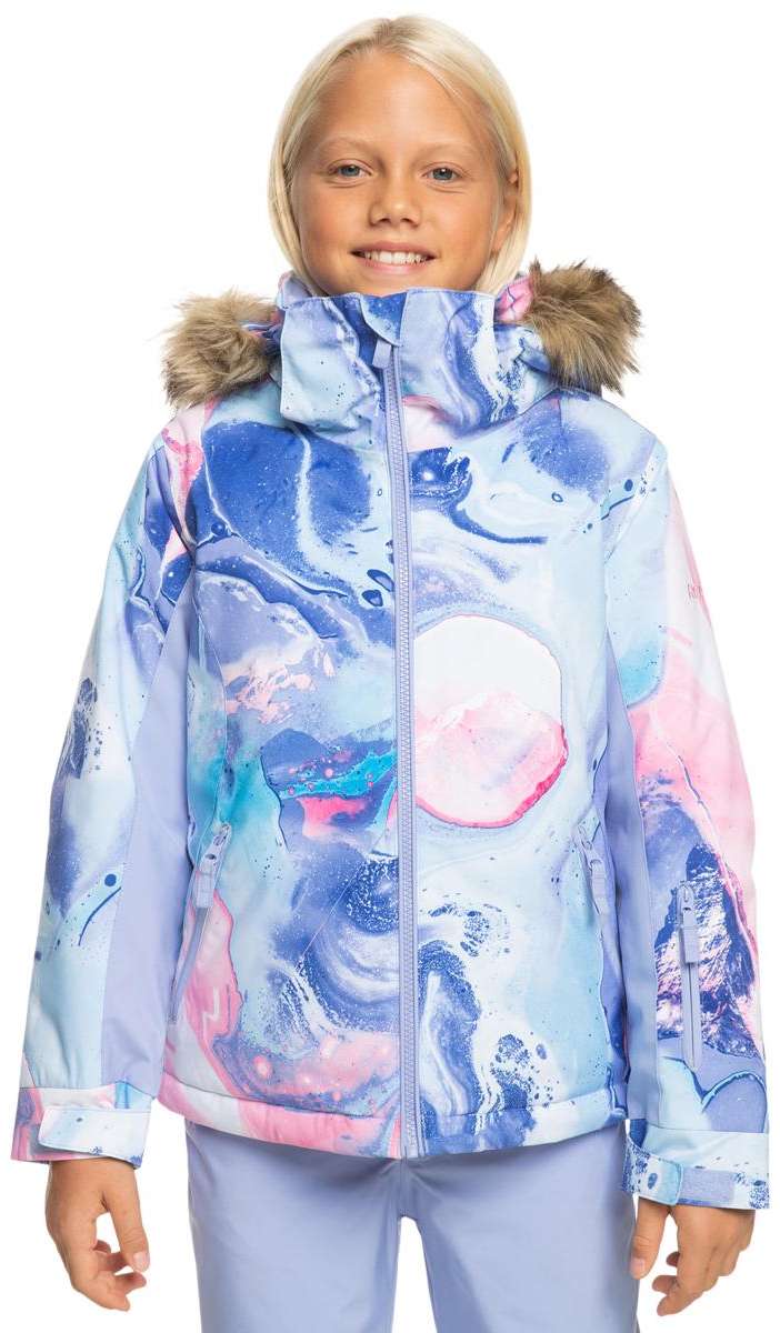 Roxy Junior's American Pie Insulated Jacket 2024 - A blue and pink snowboard jacket with a fur-lined hood, featuring a mountain graphic on the back.