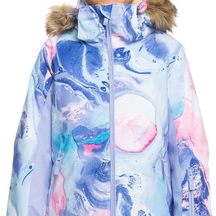 Roxy Junior's American Pie Insulated Jacket 2024 - A blue and pink snowboard jacket with a fur-lined hood, featuring a mountain graphic on the back.