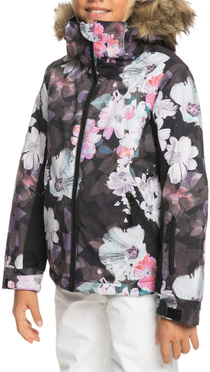 Roxy Junior's American Pie Insulated Jacket 2024 - A black jacket with a pink and white floral pattern, featuring a fur-lined hood.