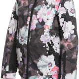 Roxy Junior's American Pie Insulated Jacket 2024 - A black jacket with a pink and white floral pattern, featuring a fur-lined hood.