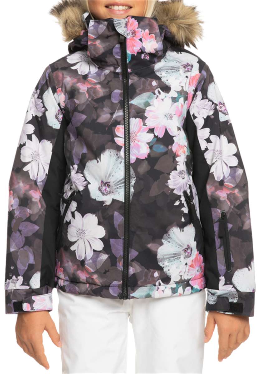 Roxy Junior's American Pie Insulated Jacket 2024 - A black jacket with a floral pattern of white, pink and purple flowers.