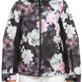 Roxy Junior's American Pie Insulated Jacket 2024 - A black jacket with a floral pattern of white, pink and purple flowers.