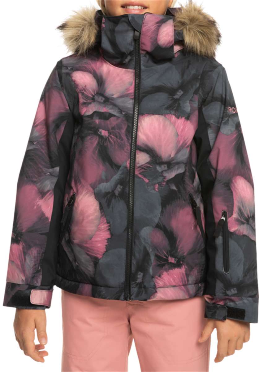 Roxy Junior's American Pie Insulated Jacket 2024 - A black jacket with a pink and grey floral pattern, featuring a fur-lined hood.