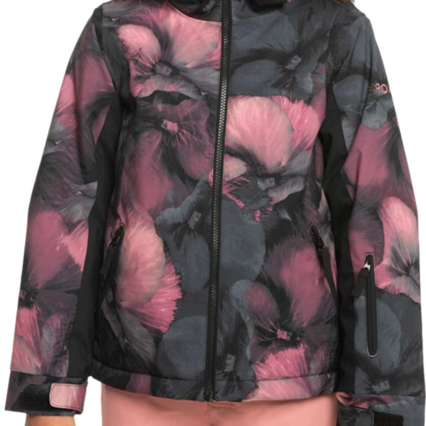 Roxy Junior's American Pie Insulated Jacket 2024 - A black jacket with a pink and grey floral pattern, featuring a fur-lined hood.