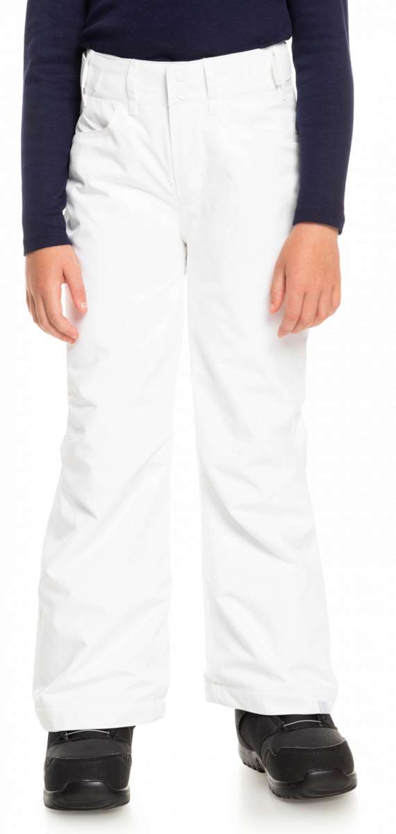 Roxy Women's Backyard Insulated Pant 2023 - A pair of white snow pants with a subtle pattern on the left leg, featuring a zippered pocket and adjustable cuffs.