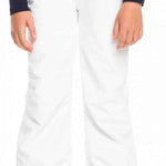 Roxy Women's Backyard Insulated Pant 2023 - A pair of white snow pants with a subtle pattern on the left leg, featuring a zippered pocket and adjustable cuffs.