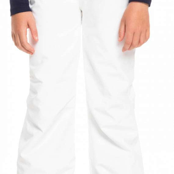 Roxy Women's Backyard Insulated Pant 2023 - A pair of white snow pants with a subtle pattern on the left leg, featuring a zippered pocket and adjustable cuffs.