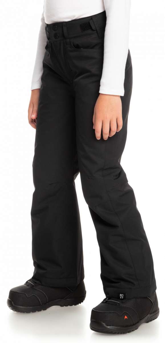 Roxy Women's Backyard Insulated Pant 2023 - Black snow pants with a subtle white stripe on the side of one leg.