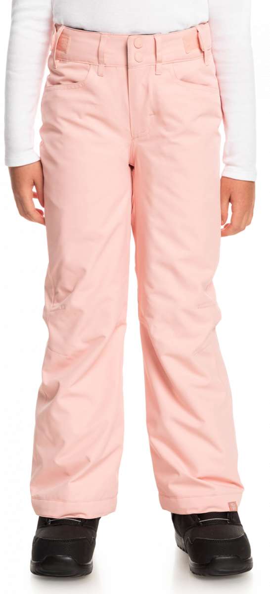 Roxy Women's Backyard Insulated Pant 2023 - A pair of light pink snow pants with a subtle pattern on the side pockets and a slight sheen to the fabric.