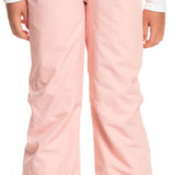 Roxy Women's Backyard Insulated Pant 2023 - A pair of light pink snow pants with a subtle pattern on the side pockets and a slight sheen to the fabric.
