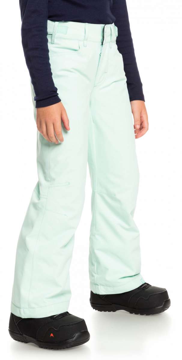 Roxy Women's Backyard Insulated Pant 2023 - A pair of light blue snow pants with a subtle pattern on the left thigh and two zippered pockets on the right side.