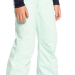 Roxy Women's Backyard Insulated Pant 2023 - A pair of light blue snow pants with a subtle pattern on the left thigh and two zippered pockets on the right side.