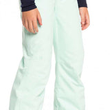 Roxy Women's Backyard Insulated Pant 2023 - A pair of light blue snow pants with a subtle pattern on the left thigh and two zippered pockets on the right side.