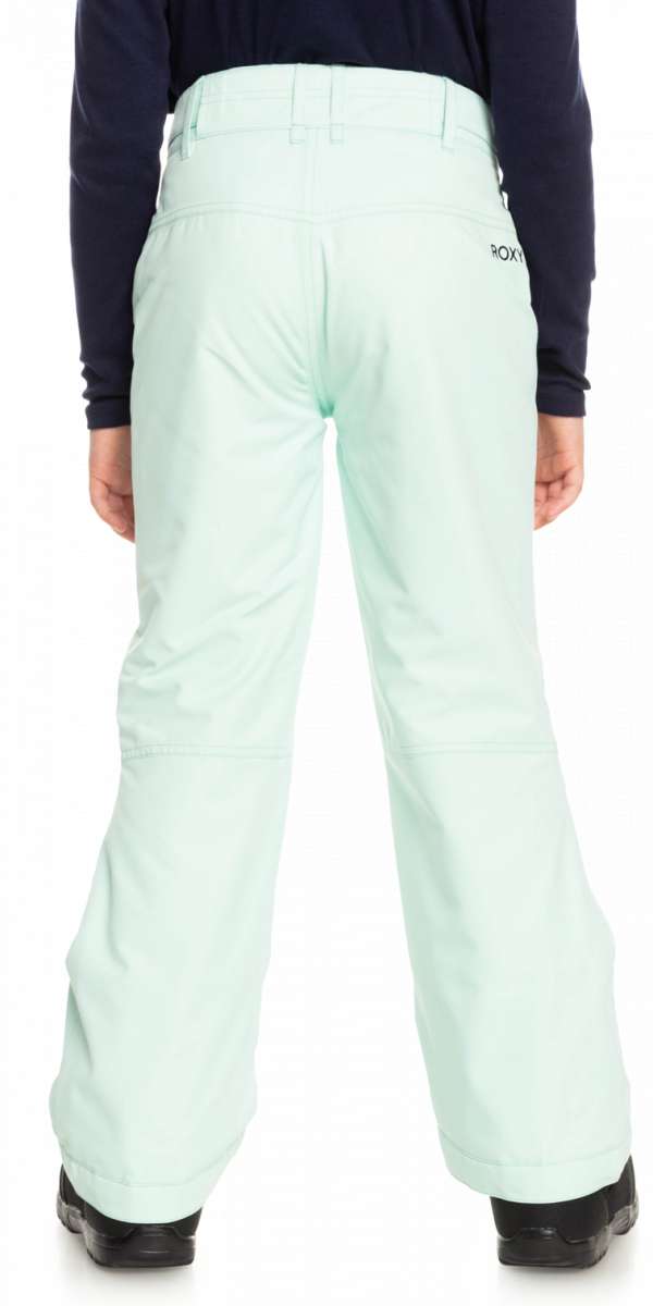 Roxy Women's Backyard Insulated Pant 2023 - A pair of light blue snow pants with a subtle pattern on the left leg, featuring a belt loop and a small pocket near the waist.