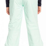 Roxy Women's Backyard Insulated Pant 2023 - A pair of light blue snow pants with a subtle pattern on the left leg, featuring a belt loop and a small pocket near the waist.