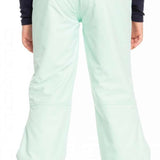 Roxy Women's Backyard Insulated Pant 2023 - A pair of light blue snow pants with a subtle pattern on the left leg, featuring a belt loop and a small pocket near the waist.