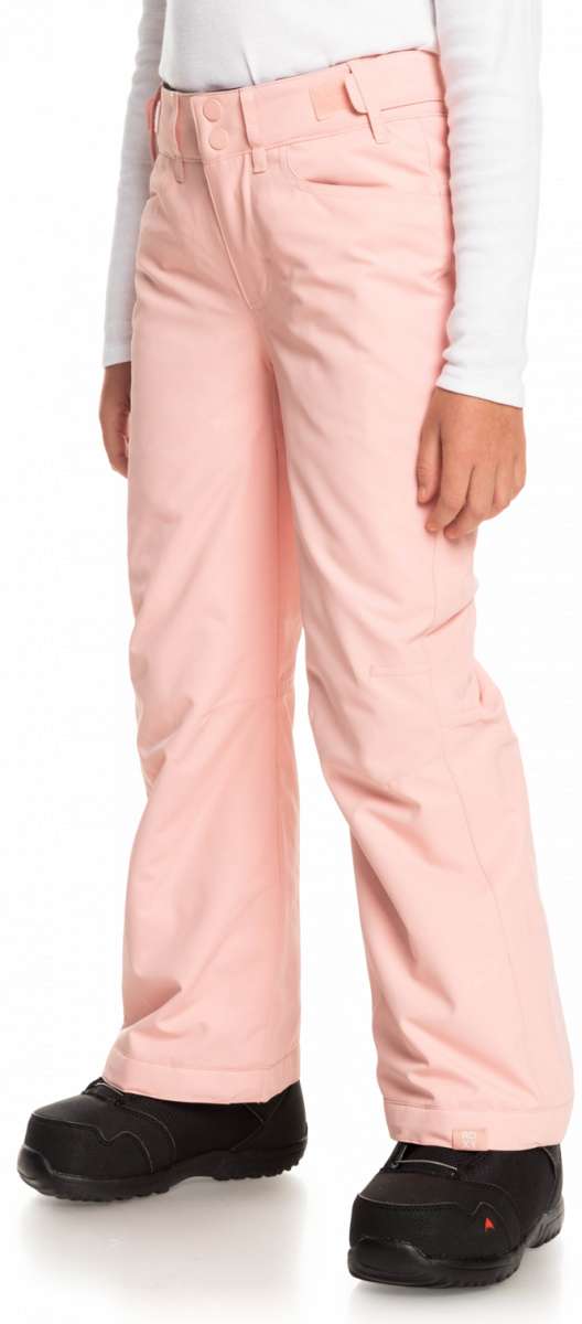 Roxy Women's Backyard Insulated Pant 2023 - Light pink snow pants with a subtle pattern of darker pink stripes on the side seams and two zippered pockets at the back.