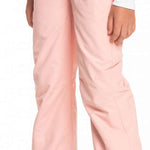 Roxy Women's Backyard Insulated Pant 2023 - Light pink snow pants with a subtle pattern of darker pink stripes on the side seams and two zippered pockets at the back.