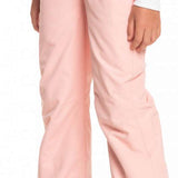Roxy Women's Backyard Insulated Pant 2023 - Light pink snow pants with a subtle pattern of darker pink stripes on the side seams and two zippered pockets at the back.