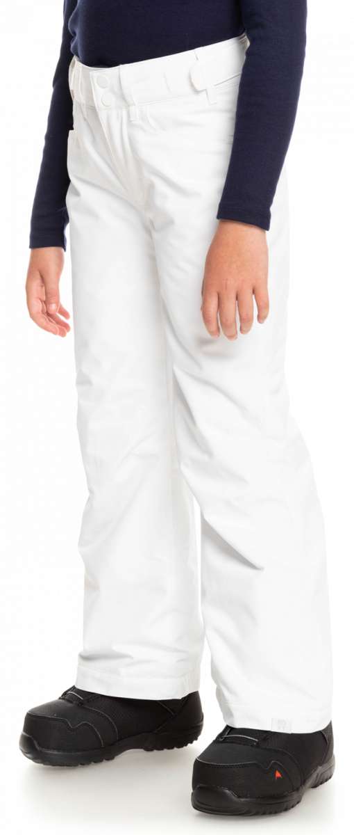 Roxy Women's Backyard Insulated Pant 2023 - A pair of white snow pants with a zippered pocket on the side and a small logo near the left hip.