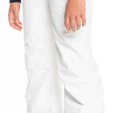 Roxy Women's Backyard Insulated Pant 2023 - A pair of white snow pants with a zippered pocket on the side and a small logo near the left hip.