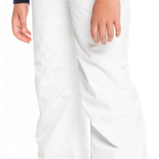 Roxy Women's Backyard Insulated Pant 2023 - A pair of white snow pants with a zippered pocket on the side and a small logo near the left hip.