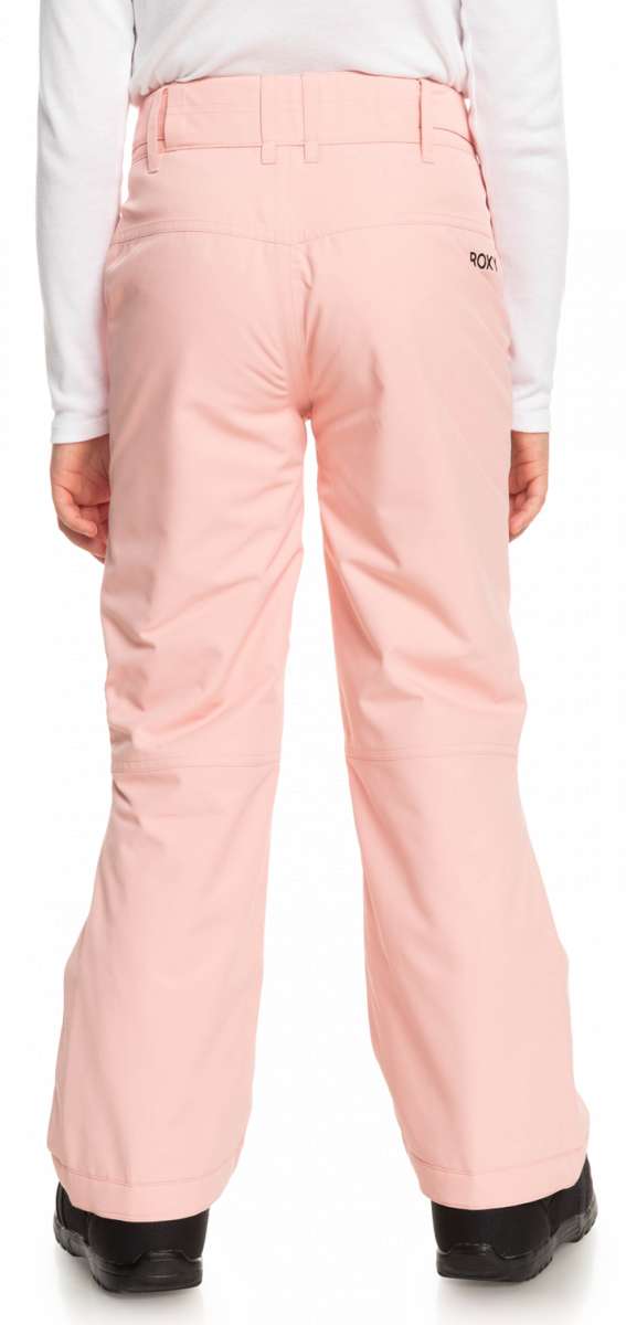 Roxy Women's Backyard Insulated Pant 2023 - A pair of light pink snow pants with a subtle pattern on the left leg, featuring a belt loop and two zippered pockets at the back.