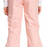 Roxy Women's Backyard Insulated Pant 2023 - A pair of light pink snow pants with a subtle pattern on the left leg, featuring a belt loop and two zippered pockets at the back.