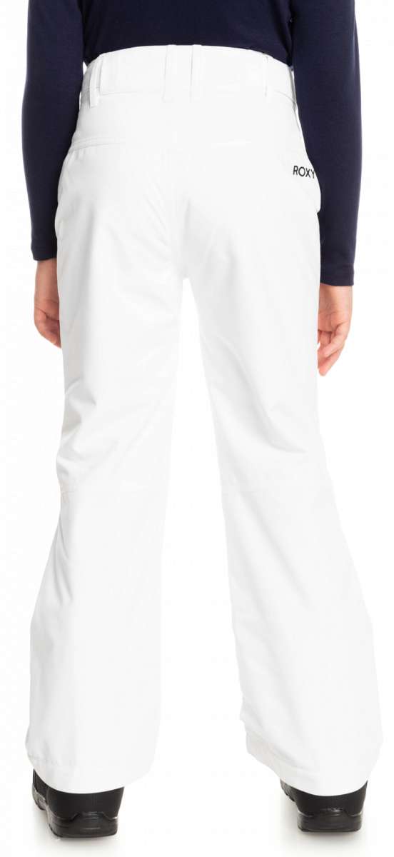 Roxy Women's Backyard Insulated Pant 2023 - White snow pants with a black embroidered logo on the left hip.