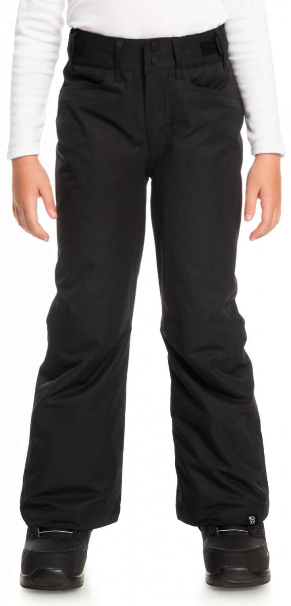 Roxy Women's Backyard Insulated Pant 2023 - Black insulated snow pants with a zippered pocket on the right thigh and two front pockets.