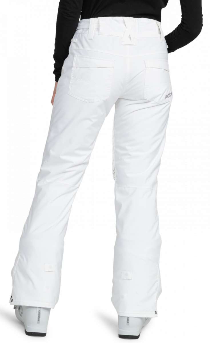Roxy Junior's Backyard Insulated Pant 2024 - White snow pants with a zippered pocket on the right thigh and adjustable Velcro straps at the ankles.