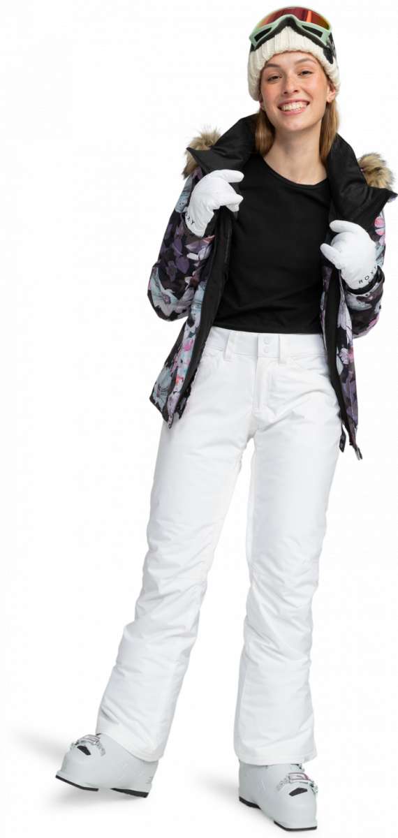 Roxy Junior's Backyard Insulated Pant 2024 - A pair of snow pants with a floral pattern in shades of purple and grey, featuring a fur-lined hood.