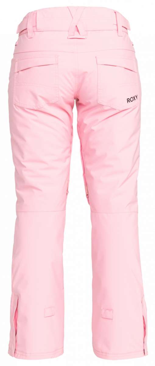 Roxy Junior's Backyard Insulated Pant 2024 - Light pink snow pants with a zippered pocket on the right thigh and adjustable Velcro straps at the waist.