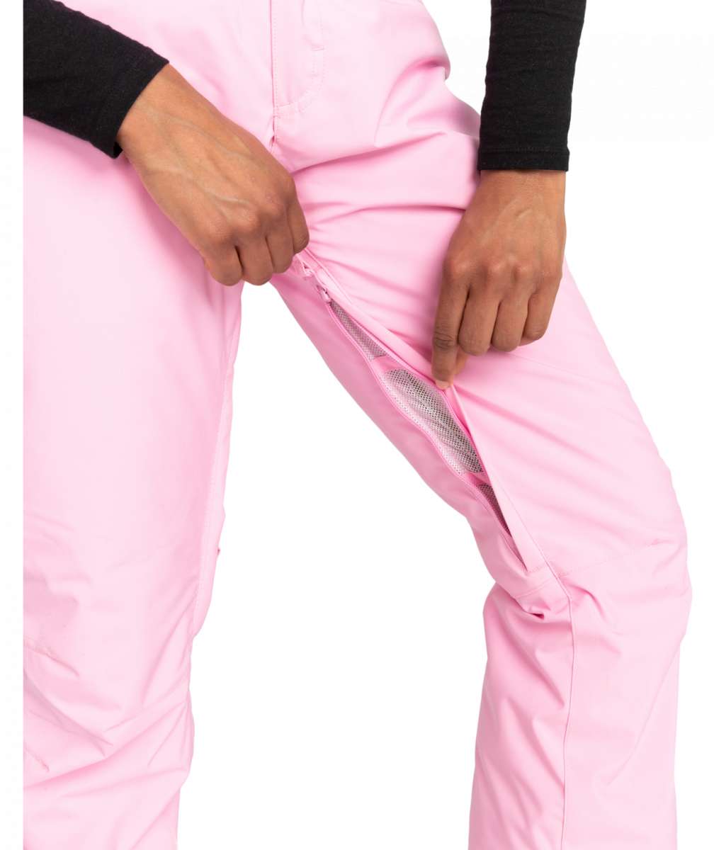 Roxy Junior's Backyard Insulated Pant 2024 - A pair of pink snow pants with a zippered pocket on the side and a black logo patch near the right thigh.