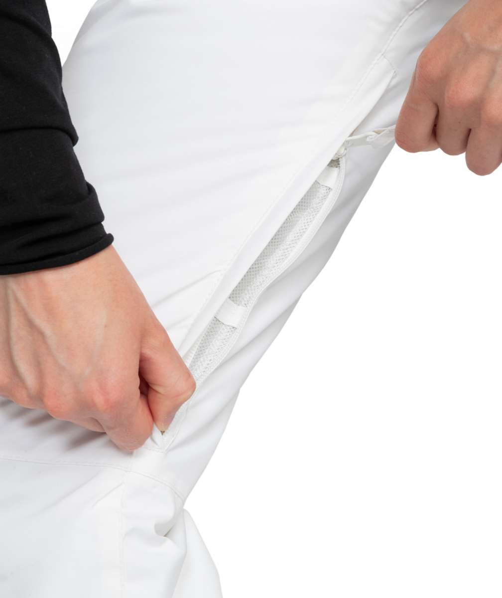 Roxy Junior's Backyard Insulated Pant 2024 - White snow pants with a zippered pocket on the side of one leg.