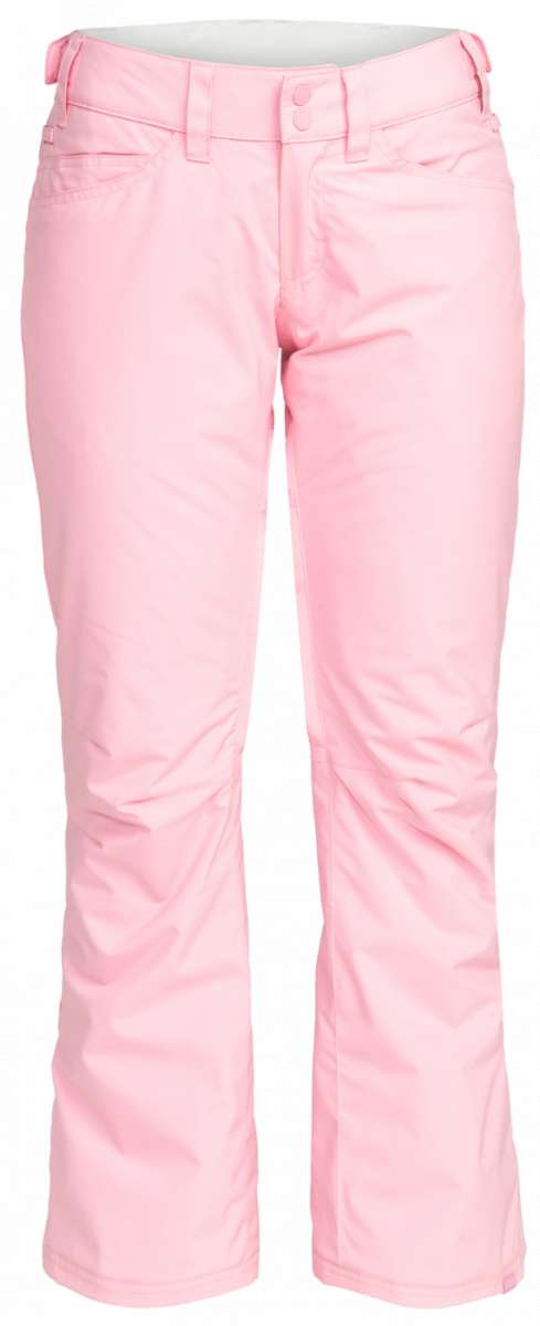 Roxy Junior's Backyard Insulated Pant 2024 - A pair of light pink snow pants with a subtle pattern on the left leg, featuring two front pockets and a belt loop at the waist.