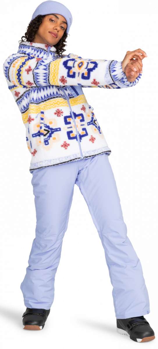 Roxy Junior's Backyard Insulated Pant 2024 - Light blue snow pants with a geometric pattern on the left leg and right thigh, featuring a zippered pocket on the side of the waistband.