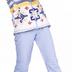 Roxy Junior's Backyard Insulated Pant 2024 - Light blue snow pants with a geometric pattern on the left leg and right thigh, featuring a zippered pocket on the side of the waistband.