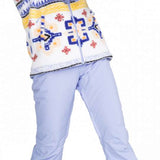 Roxy Junior's Backyard Insulated Pant 2024 - Light blue snow pants with a geometric pattern on the left leg and right thigh, featuring a zippered pocket on the side of the waistband.